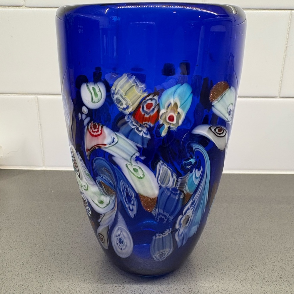 Murano Deep Blue Glass Vase with Millefiore Design - Picture 2 of 6